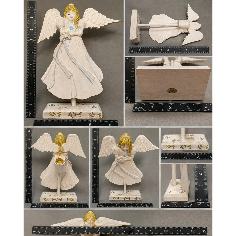 Vintage Hand Carved Wooden Angel Candle Holder Hand Painted Christmas Decor 8.5